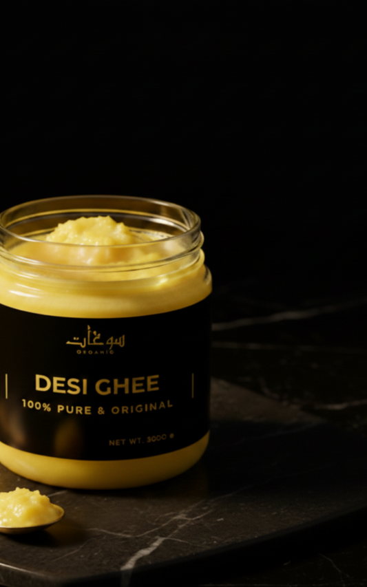 Jar of Desi Ghee with a black label on a dark background