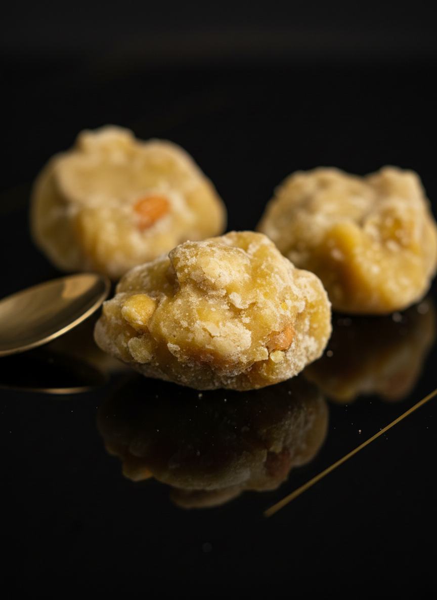 Three jaggery chunks on a reflective black surface with a spoon.