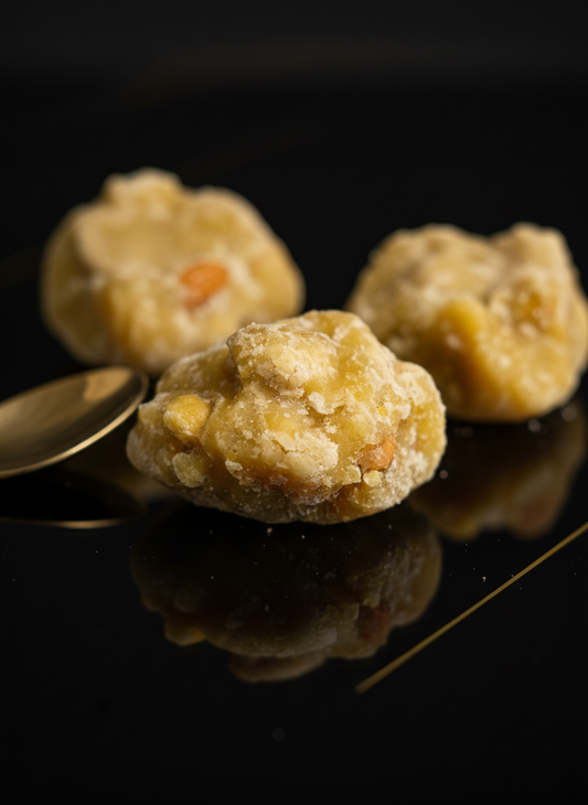 Three jaggery chunks on a reflective black surface with a spoon.